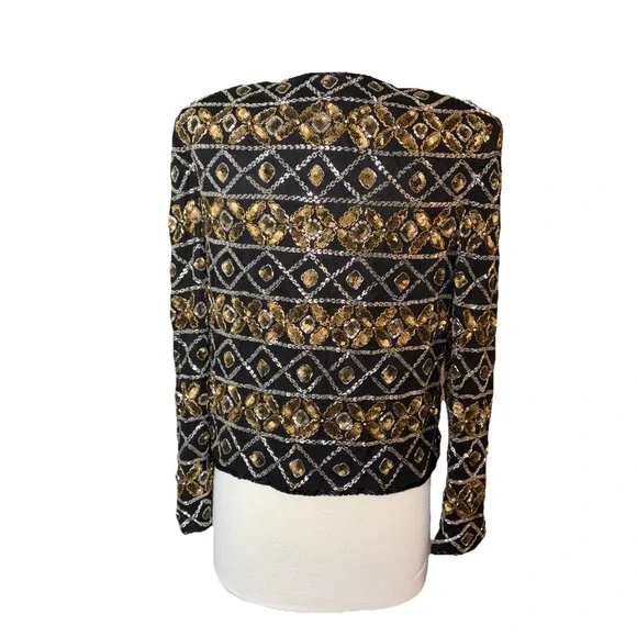 VTG Talbots‎ AJ Bari Beaded Sequin Silk Trophy Jacket Bronze Silver Black Large